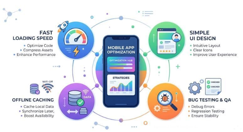 Mobile app optimization strategies illustration featuring fast loading speed, simple UI design, bug testing, and offline caching in a modern flat design..jpeg