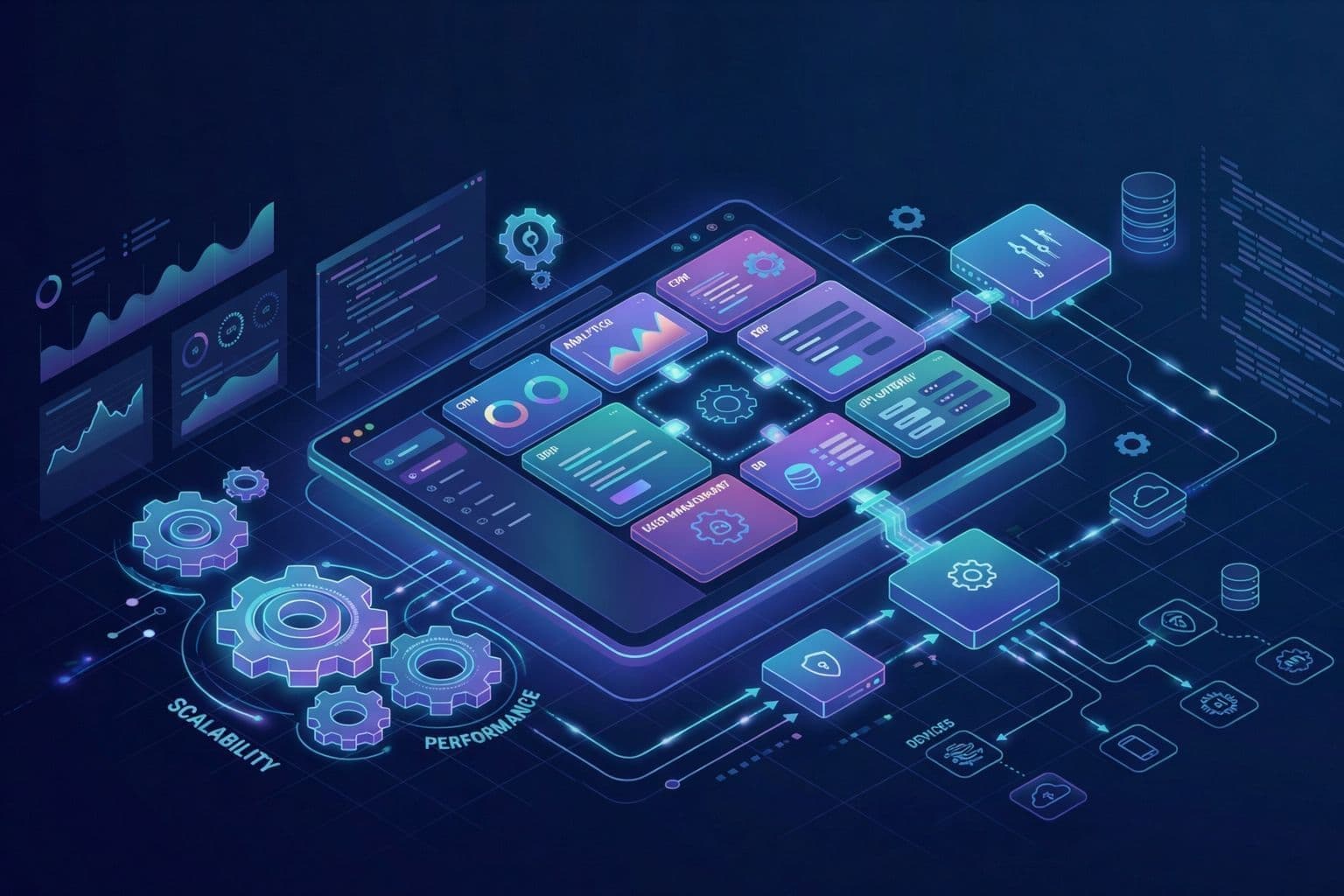 Custom software development platform showing scalable architecture, integrations, and business system components..jpeg